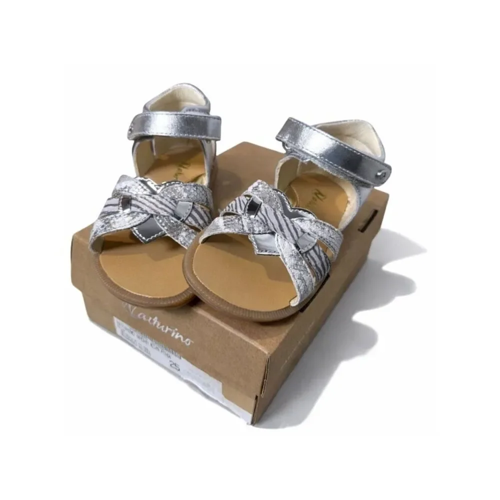 Toddler Girls Silver Leather Sandals EU 25 Metallic Python Dress Shoes US 8